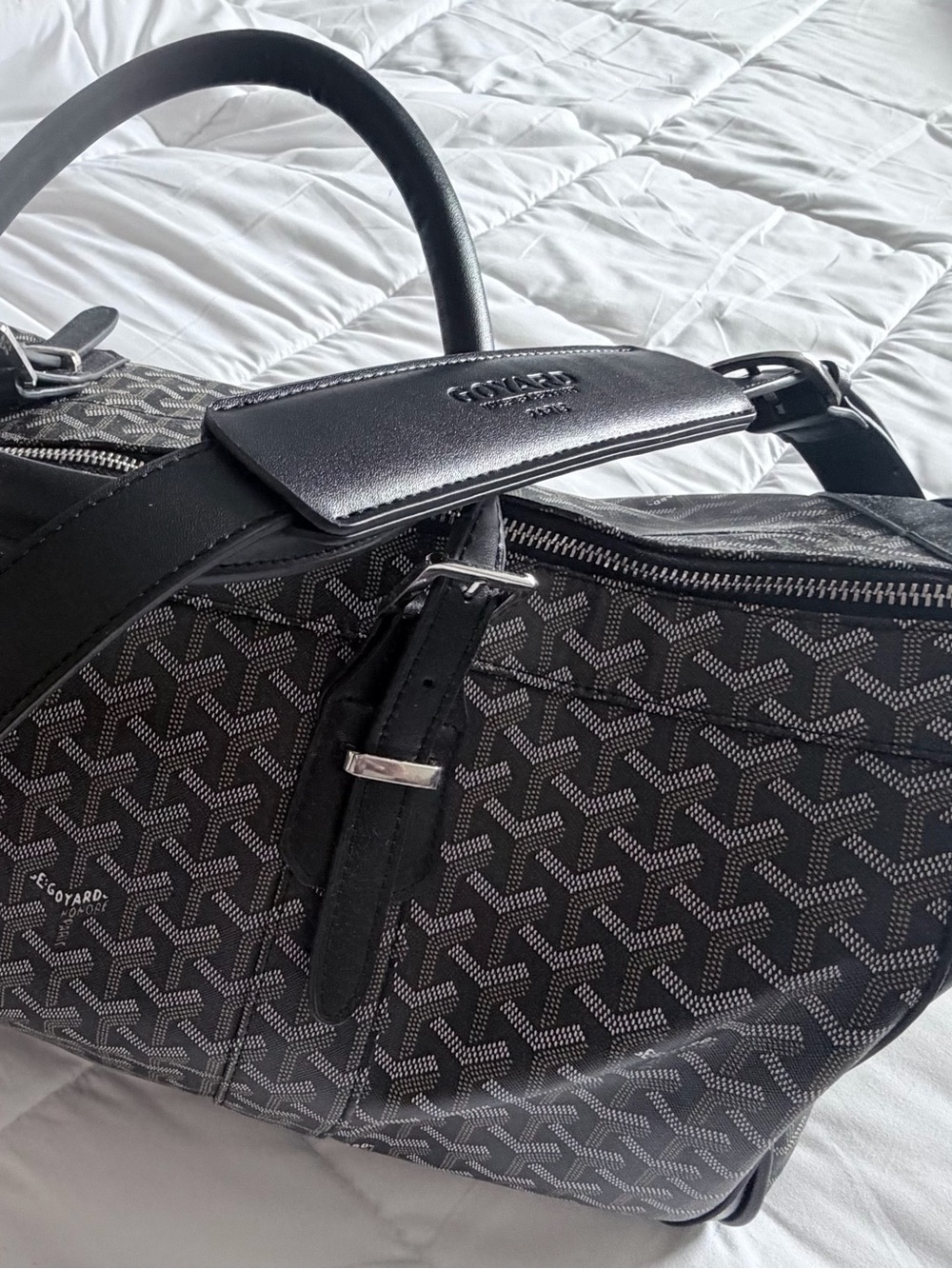 G Black Leather Trim Duffel Bag with Bright Orange Interior